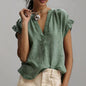 V-Neck Petal Sleeve Cotton-Linen Solid Top – 4 Colors, S–2XL FitiqueFit