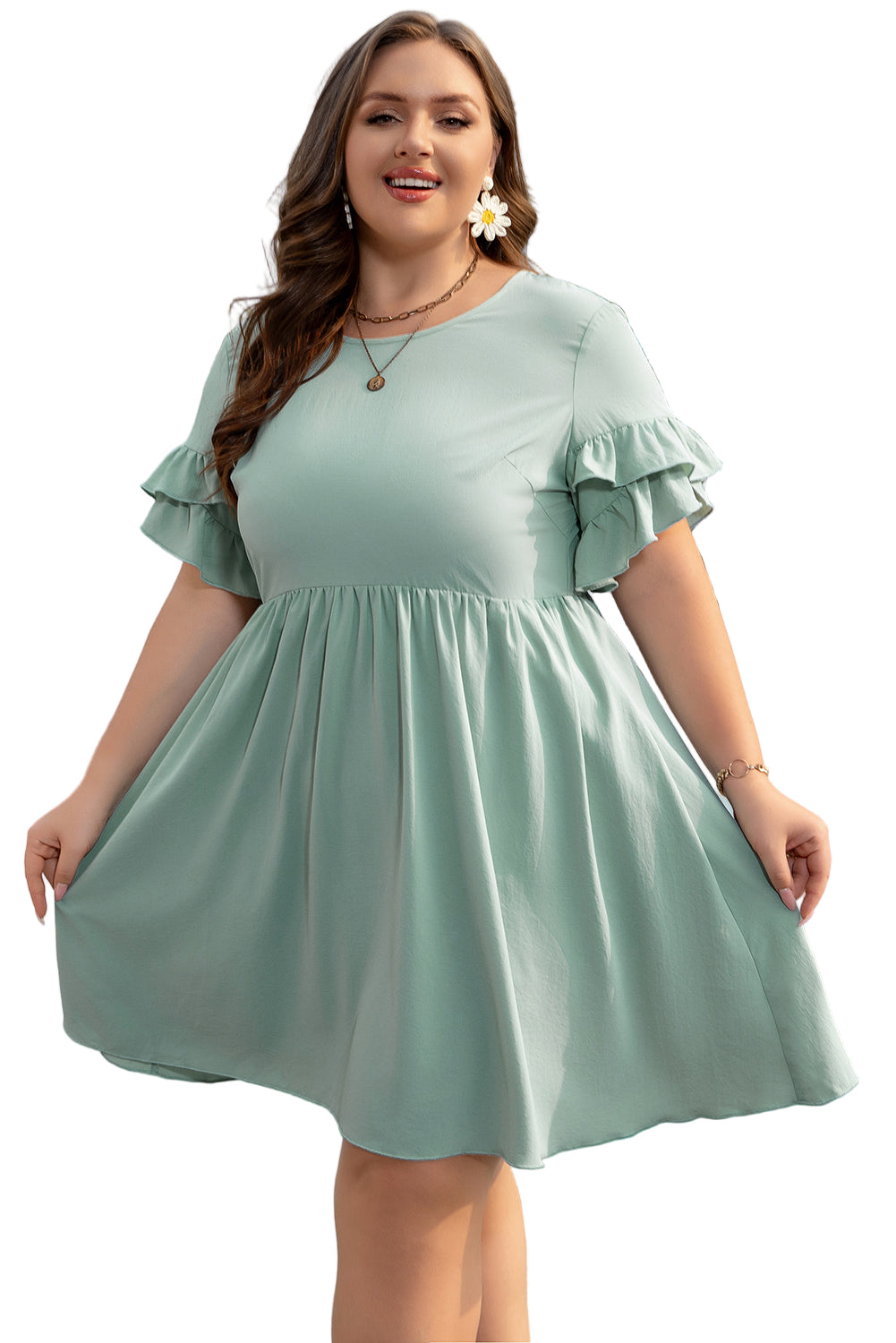 Grass Green Ruffle Trim Short Sleeve Plus Size Flared Mini Dress Garden Naked Curves