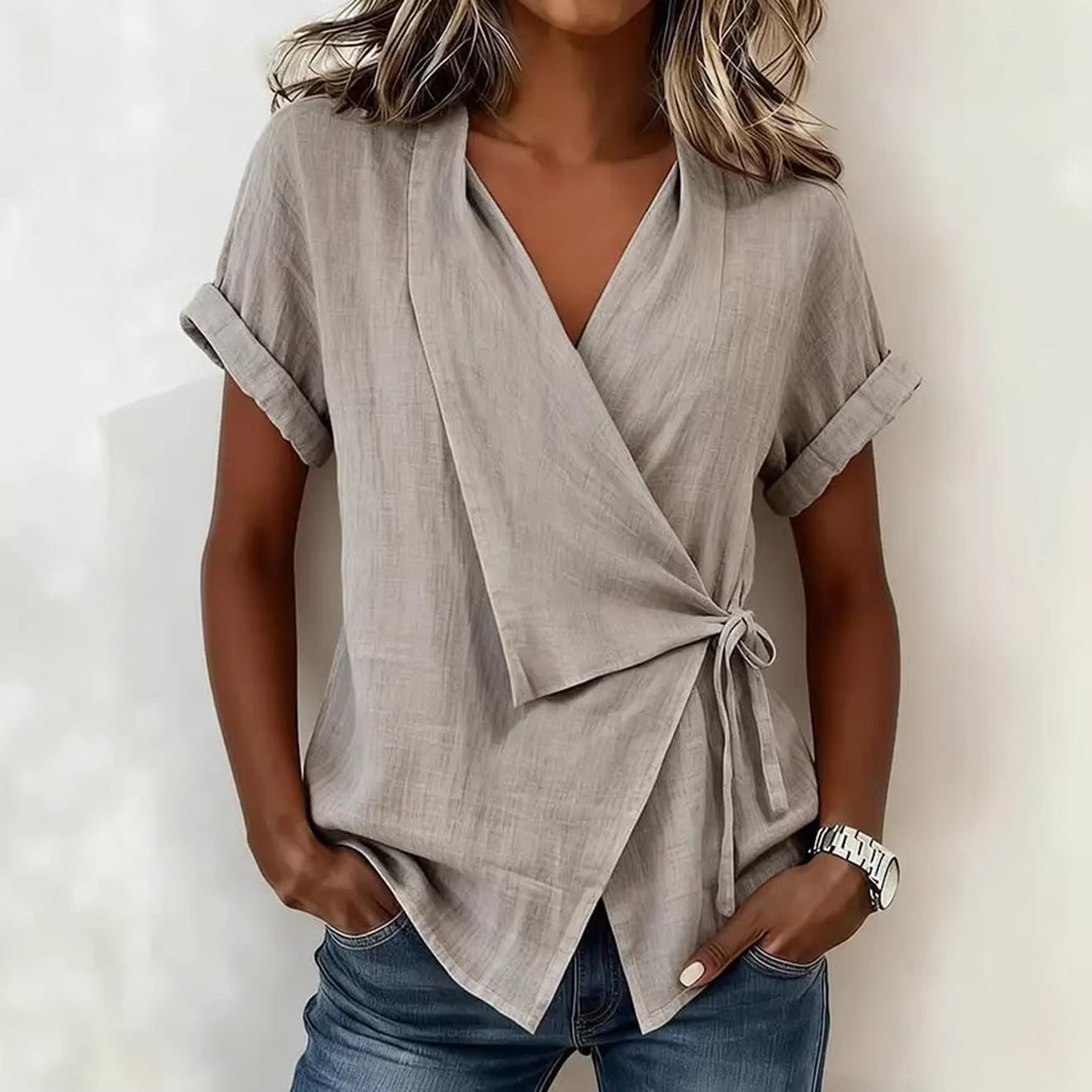 Women's Casual Lapel Collar Lace-Up Short-Sleeve Linen Top FitiqueFit