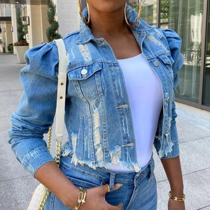 Chic Distressed Denim Puffy Sleeves Jacket – Fashionable Cropped Jean Jacket Country in My Heart