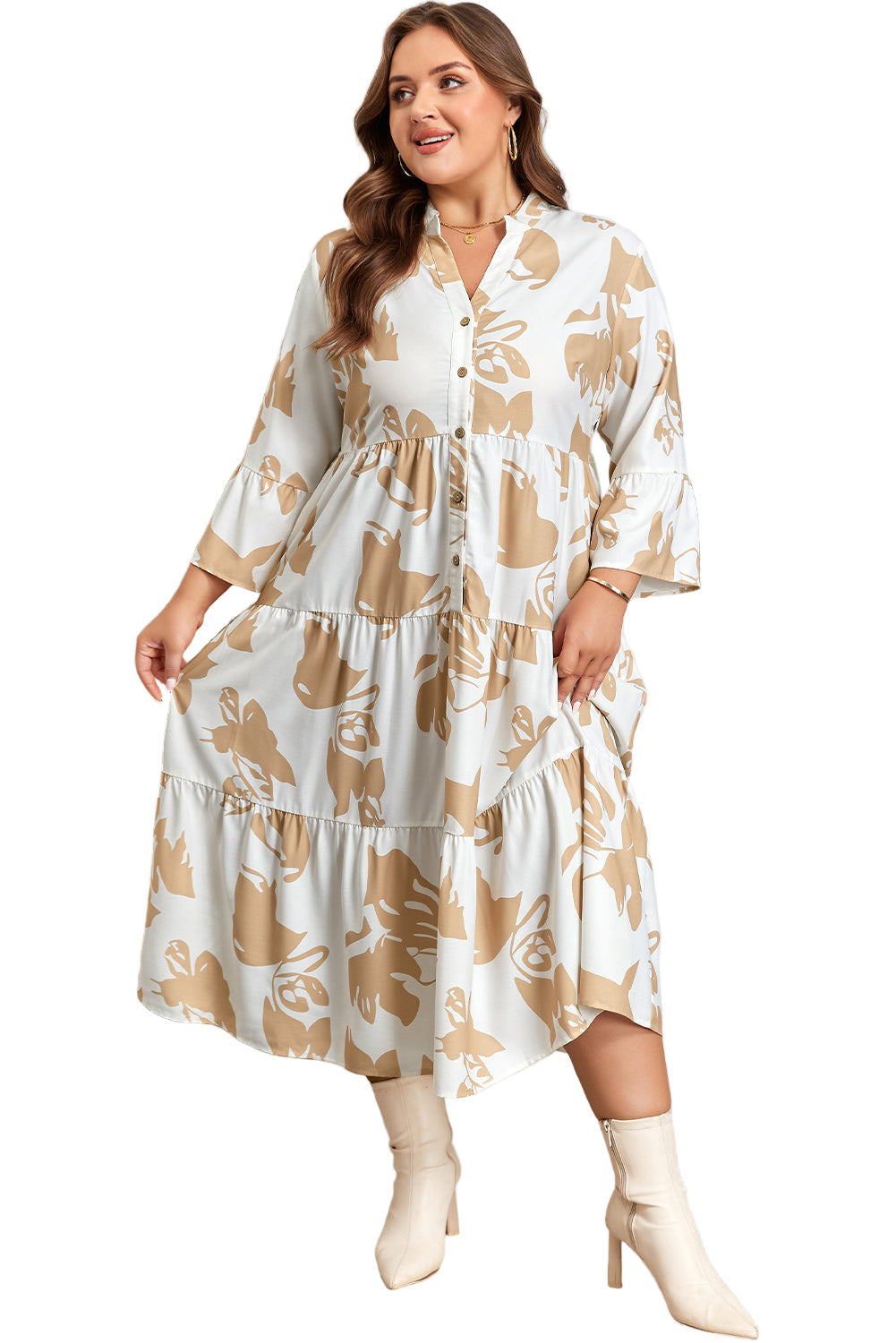 Khaki Patterned Ruffled Sleeve Half Placket Tiered A-line Plus Size Long Dress Garden Naked Curves