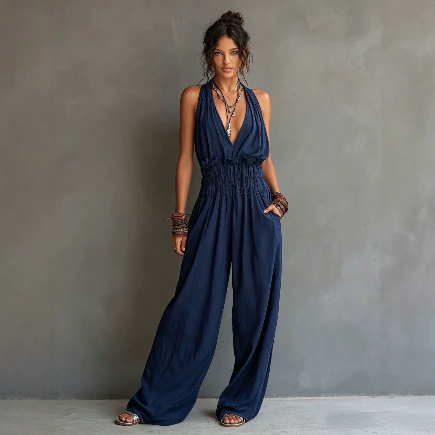 Women's V-Neck Halter Jumpsuit – Sleeveless Open Back Waist-Cinching FitiqueFit