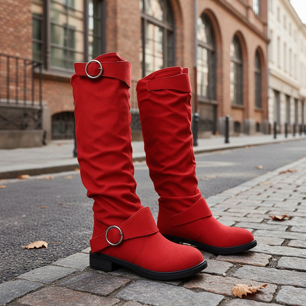 Pleated Flat-Bottom Western Cowboy Boots with Belt Buckle FitiqueFit