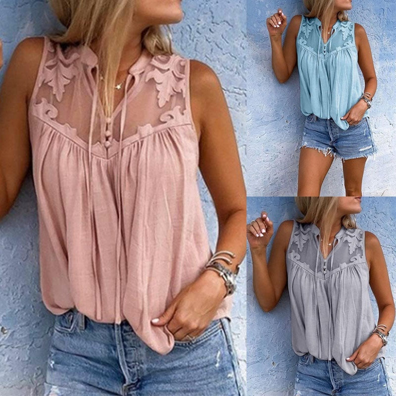 Chiffon Patchwork Lace V-Neck Sleeveless Top | Silk Chiffon FitiqueFit