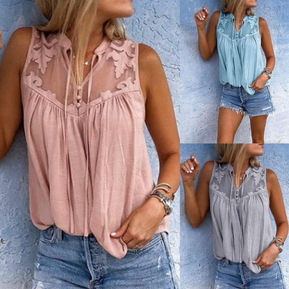 Chiffon Patchwork Lace V-Neck Sleeveless Top | Silk Chiffon FitiqueFit