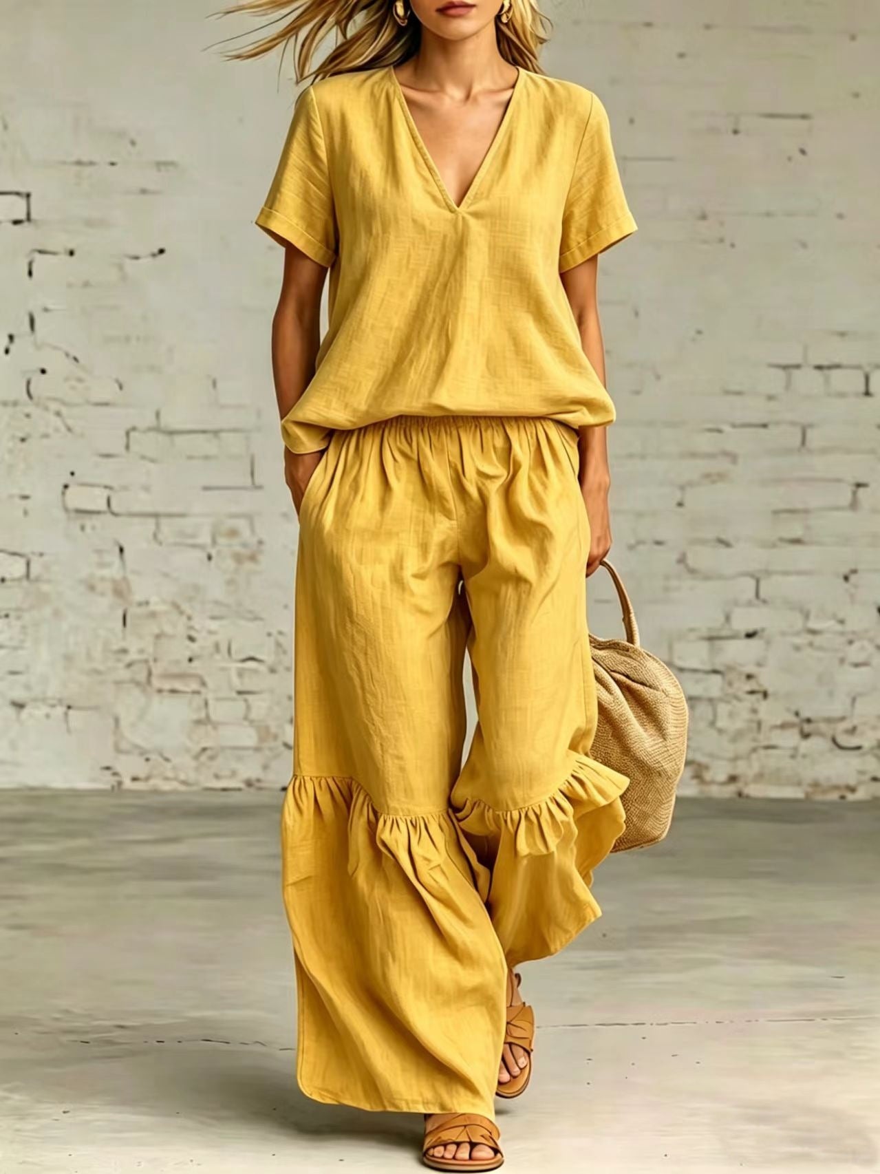 V-Neck Loose Short-Sleeve Top & Pants Set – 7 Colors, S–5XL FitiqueFit