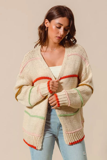 SO ME Loose Fit Multi Stripe Open Front Cardigan FitiqueFit