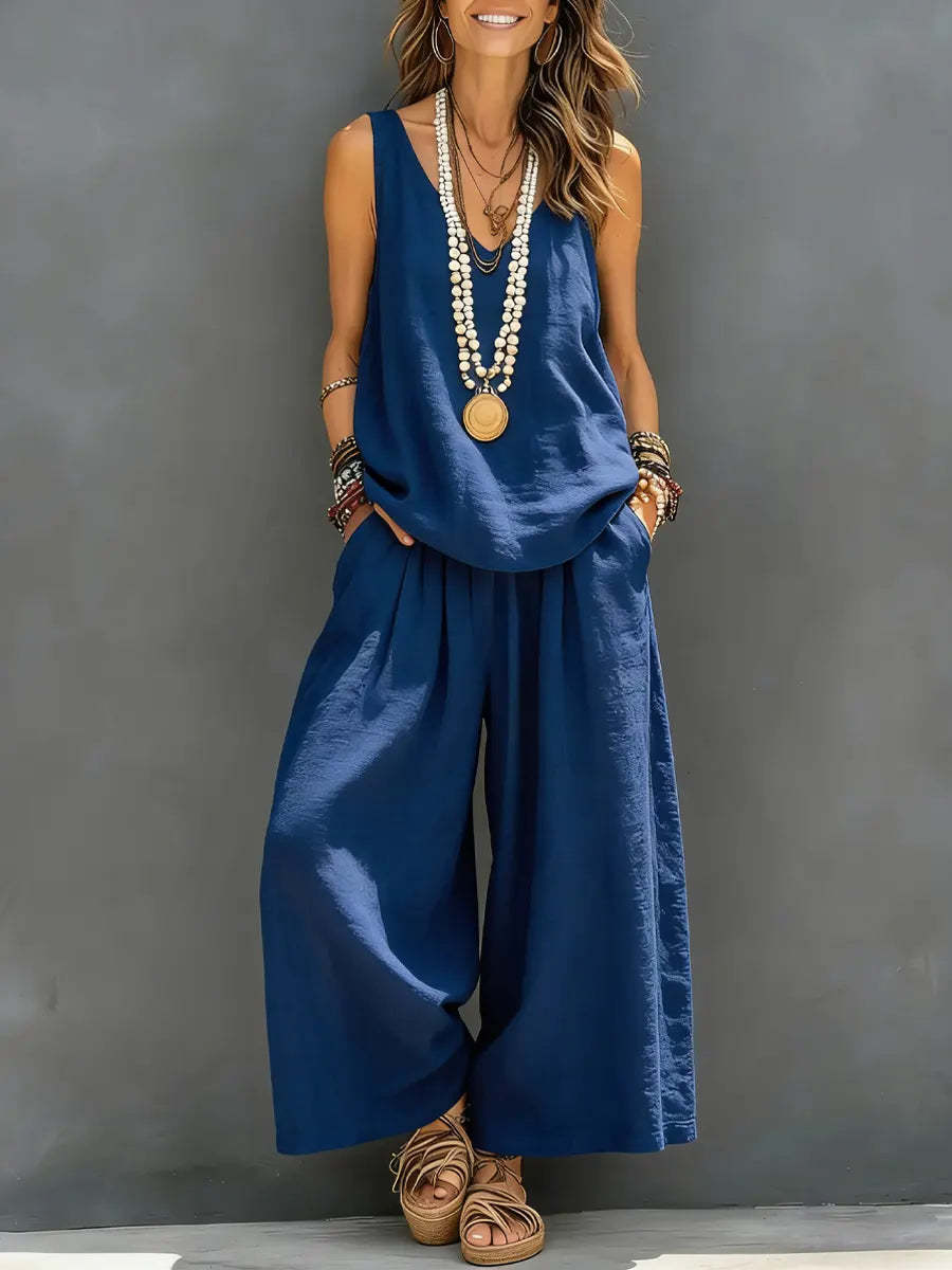 Women’s Cotton Linen Sleeveless Tank Top and Wide-Leg Pants Set FitiqueFit