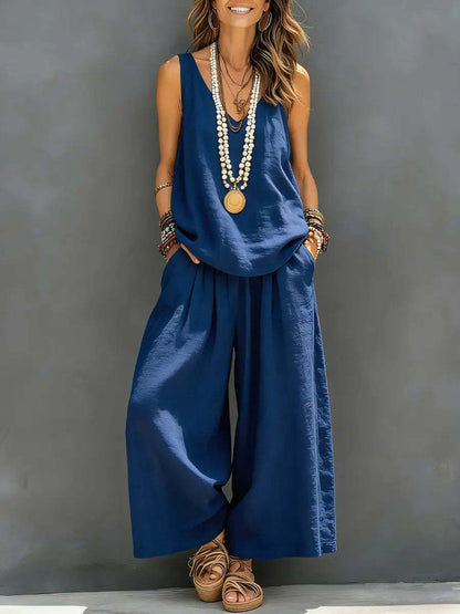 Women’s Cotton Linen Sleeveless Tank Top and Wide-Leg Pants Set FitiqueFit