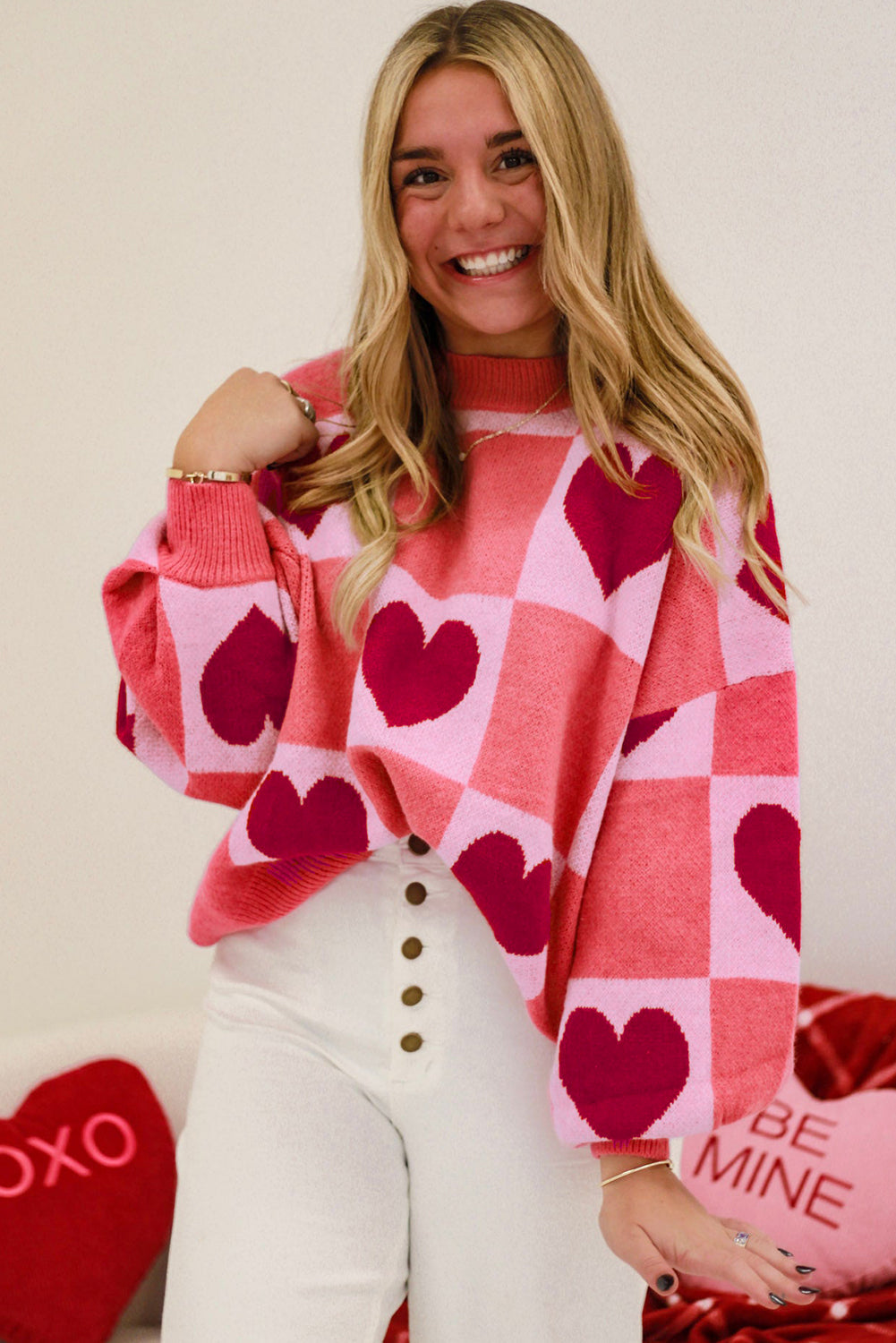 Pink Plus Size Love Heart Block Mock Neck Lantern Sleeve Valentine Sweater Garden Naked Curves