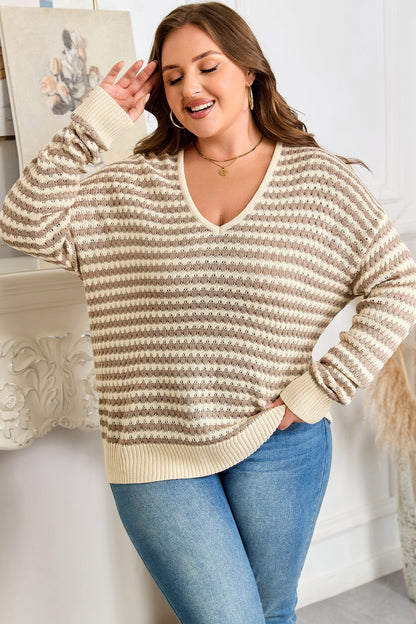 Khaki Stripe Plus Size V Neck Drop Shoulder Sweater Garden Naked Curves