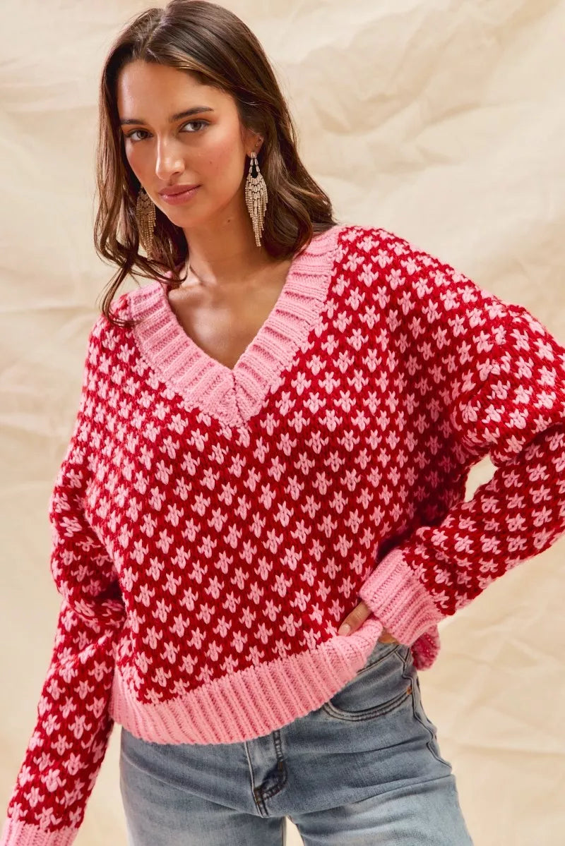 SO ME Color Block Textured Christmas Sweater V Neck Top FitiqueFit