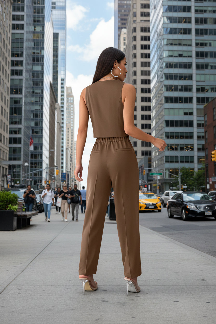Women’s Coffee Sleeveless Pleated Jumpsuit FitiqueFit