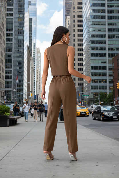 Women’s Coffee Sleeveless Pleated Jumpsuit FitiqueFit