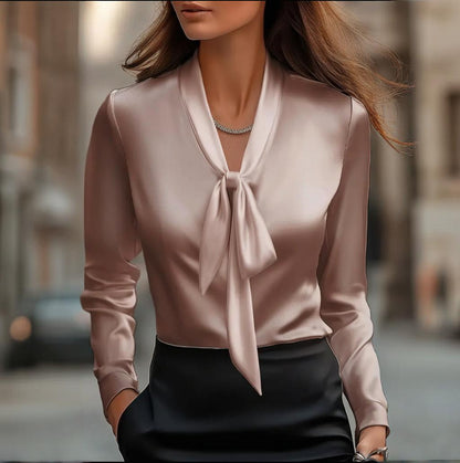 Elegant Satin Ribbon Blouse — Long Sleeve Button-Down Work Shirt FitiqueFit