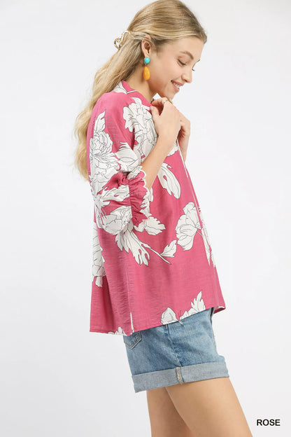 Umgee Peony Illustration Print Flounce Sleeve Blouse FitiqueFit