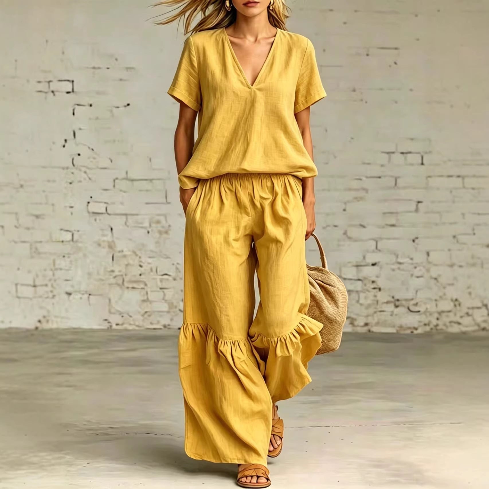 V-Neck Loose Short-Sleeve Top & Pants Set – 7 Colors, S–5XL FitiqueFit