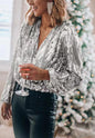 Sophisticated  V-Neck Long Sleeved Sequin Top Country in My Heart
