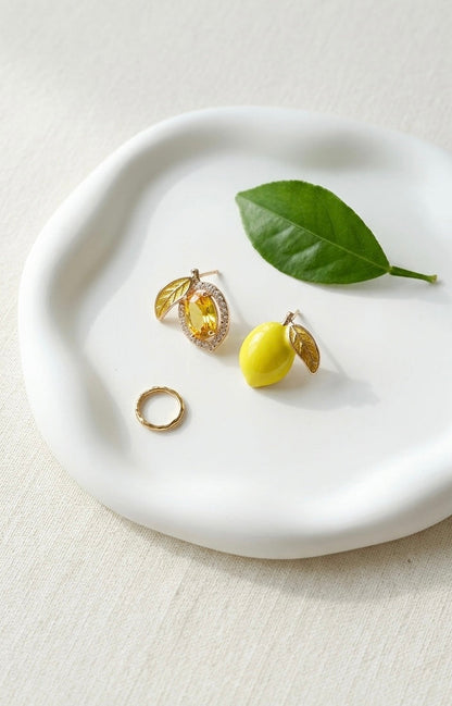 Zesty Lemon Asymmetrical Stud Earrings | Gold-Plated Crystal & Enamel Tinyloverclothing