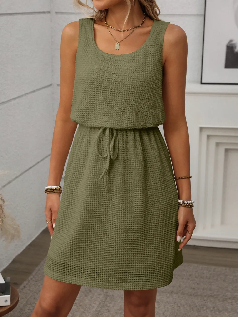 Breezy Waffle-Knit Drawstring Mini Tank Dress Country in My Heart