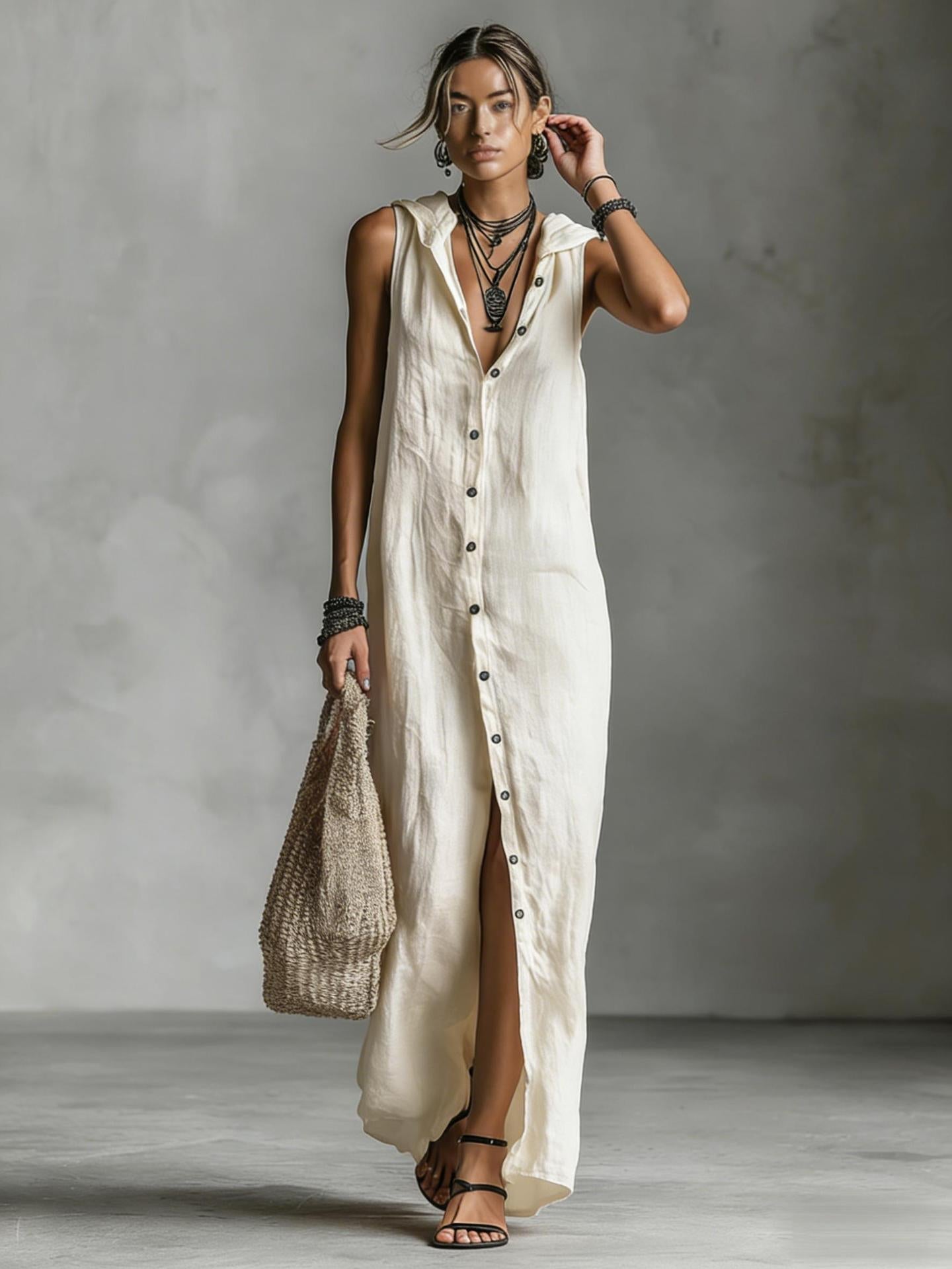Women's Sleeveless Deep V-Neck Hooded Loose Maxi Dress – 6 Colors XS–3XL FitiqueFit