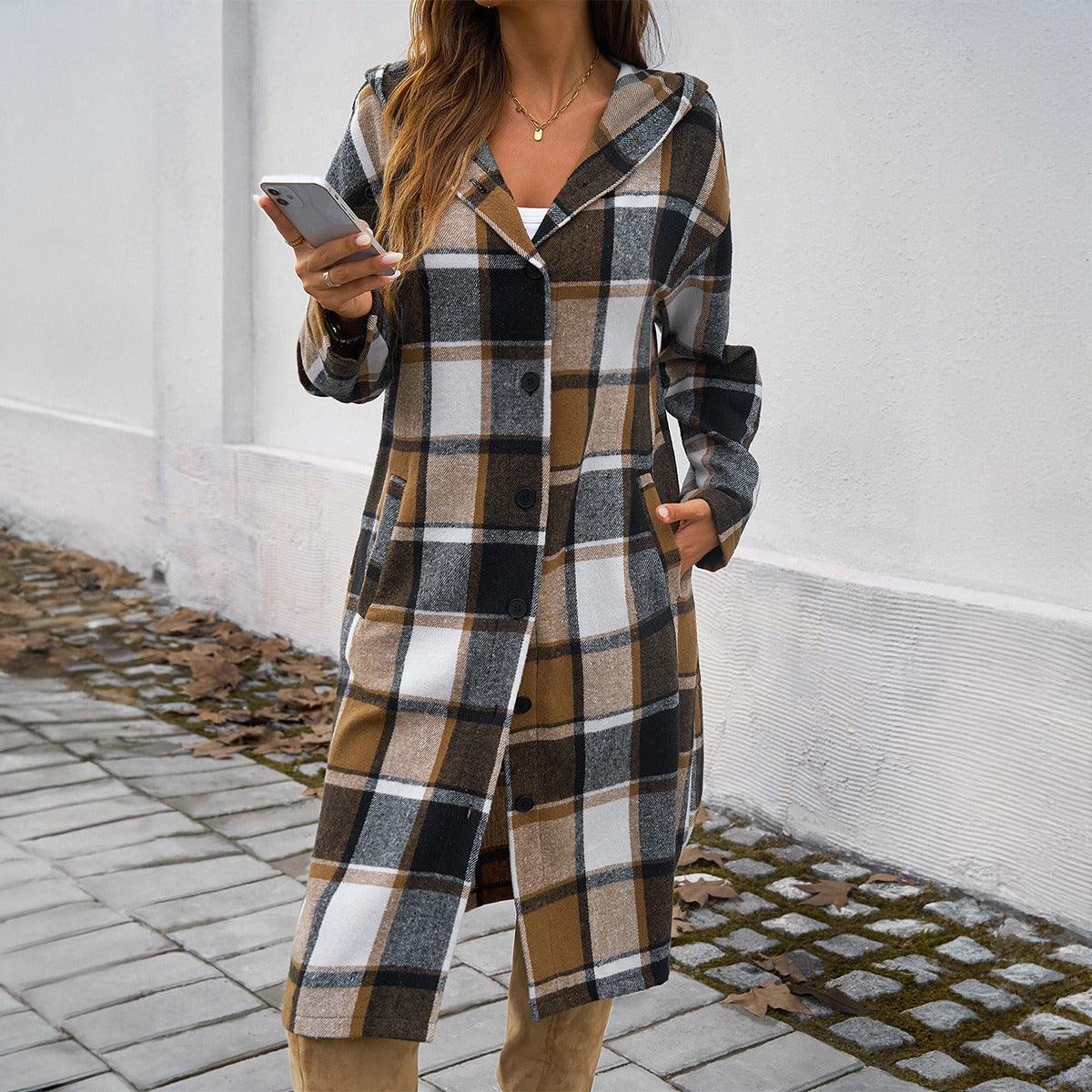 Contrasting Color Hooded Jacket – Stylish Cowgirl Outerwear with Checkered Pattern Country in My Heart