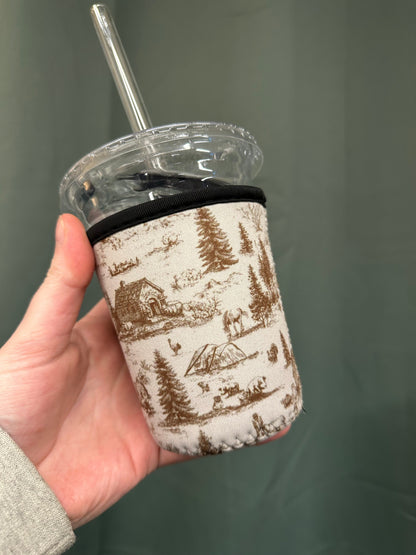Western Barn Toile Coffee Sleeve | Reusable Neoprene Iced Coffee Cup Cover (16–24oz) BashDesignsCo