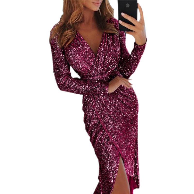 Long Sleeve V-Neck Sequin Dinner Dress | Sexy Chic Dress for Special Occasions Country in My Heart