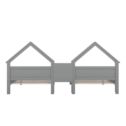 Double Twin Size Platform Bed with House-shaped Headboard and a Built-in Nightstand  Grey