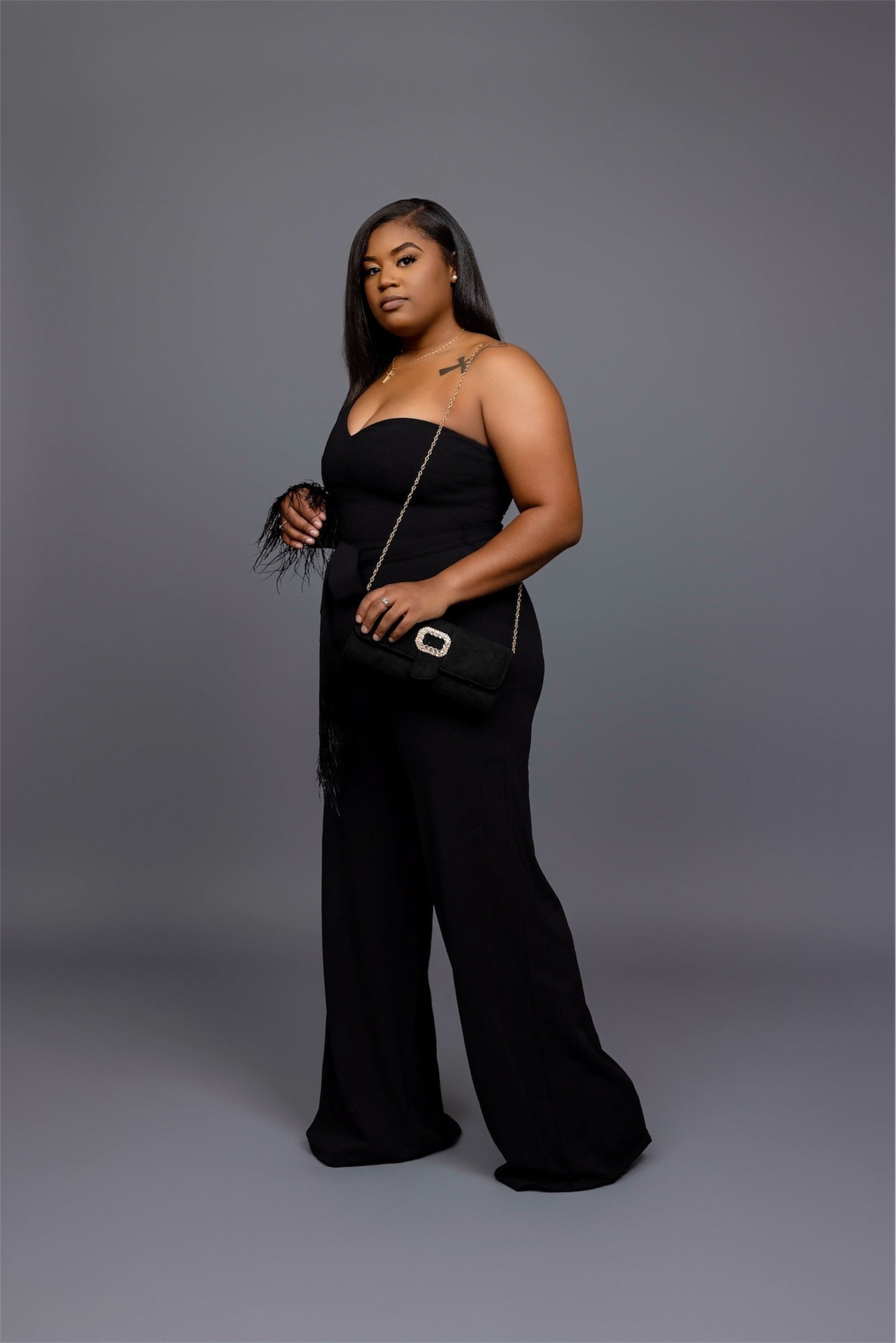 One Shoulder Feather Jumpsuit