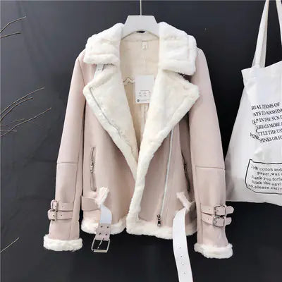 Lamb Wool Jacket, Thick Suede Leather Motorcycle Coat