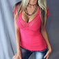 V-Neck Solid Lace Panel Short Sleeve T-Shirt