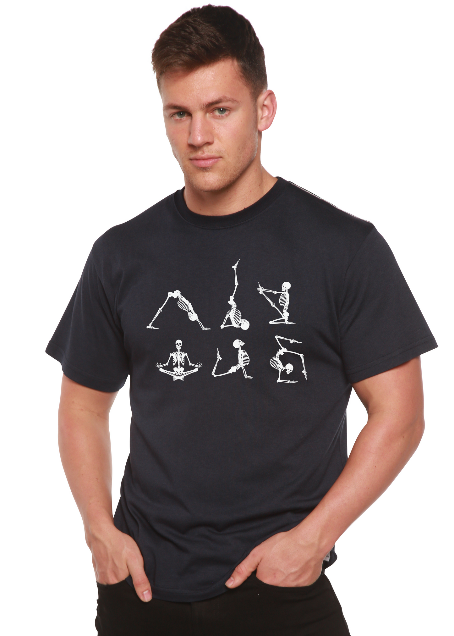 Halloween Skeleton Namaste Men's Bamboo Viscose/Organic Cotton Short Sleeve Graphic T-Shirt Spun Bamboo
