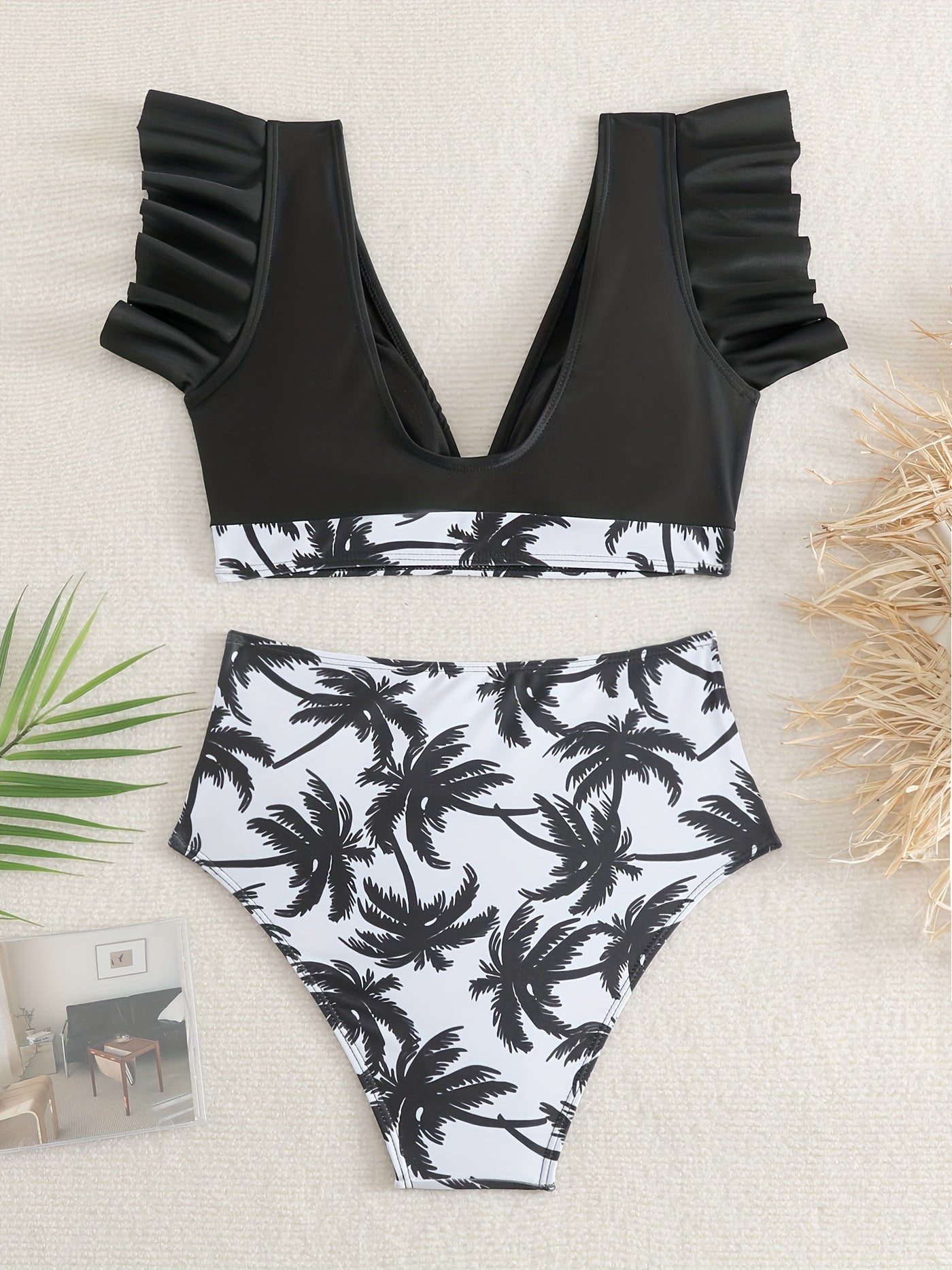 Bikini Black Solid Color Ruffle V Neck 2 Piece Swimsuit for Women – High Waisted Flattering Bikini Set with Lettuce Trim Bottoms – Sleek Stretchy Fabric Swimwear for Beach Days Poolside Style and Summer Vacation Looks Stevvex