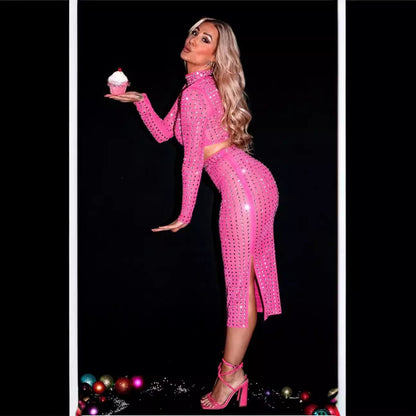 Hot Girl Women's Fashion Rivet Elastic Tight Skirt Suit See size chart under “more details” The Fashion Celestial