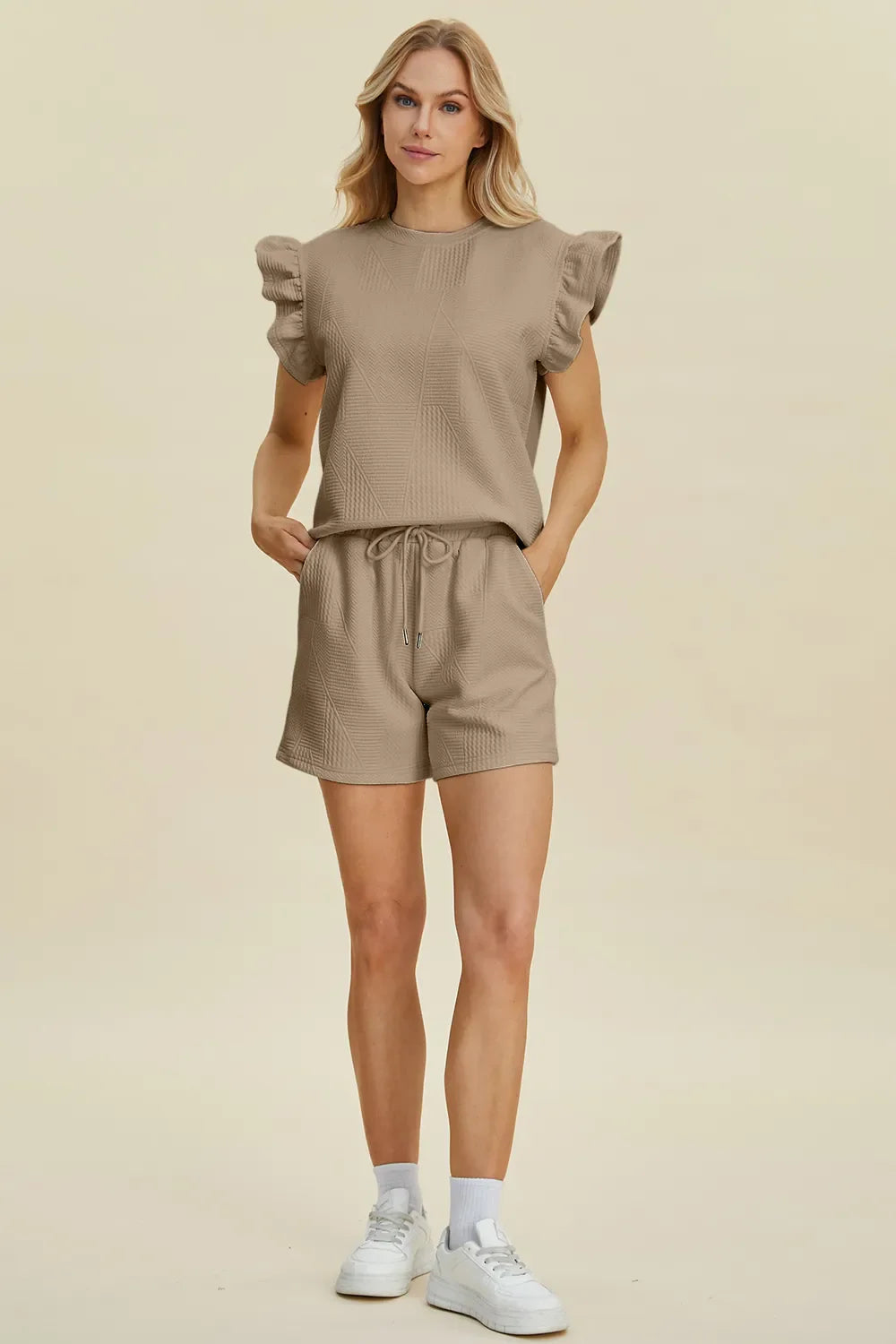 Double Take Full Size Texture Round Neck Ruffle Sleeve Top and Shorts Set West2East Surf