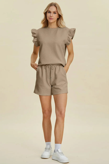 Double Take Full Size Texture Round Neck Ruffle Sleeve Top and Shorts Set West2East Surf