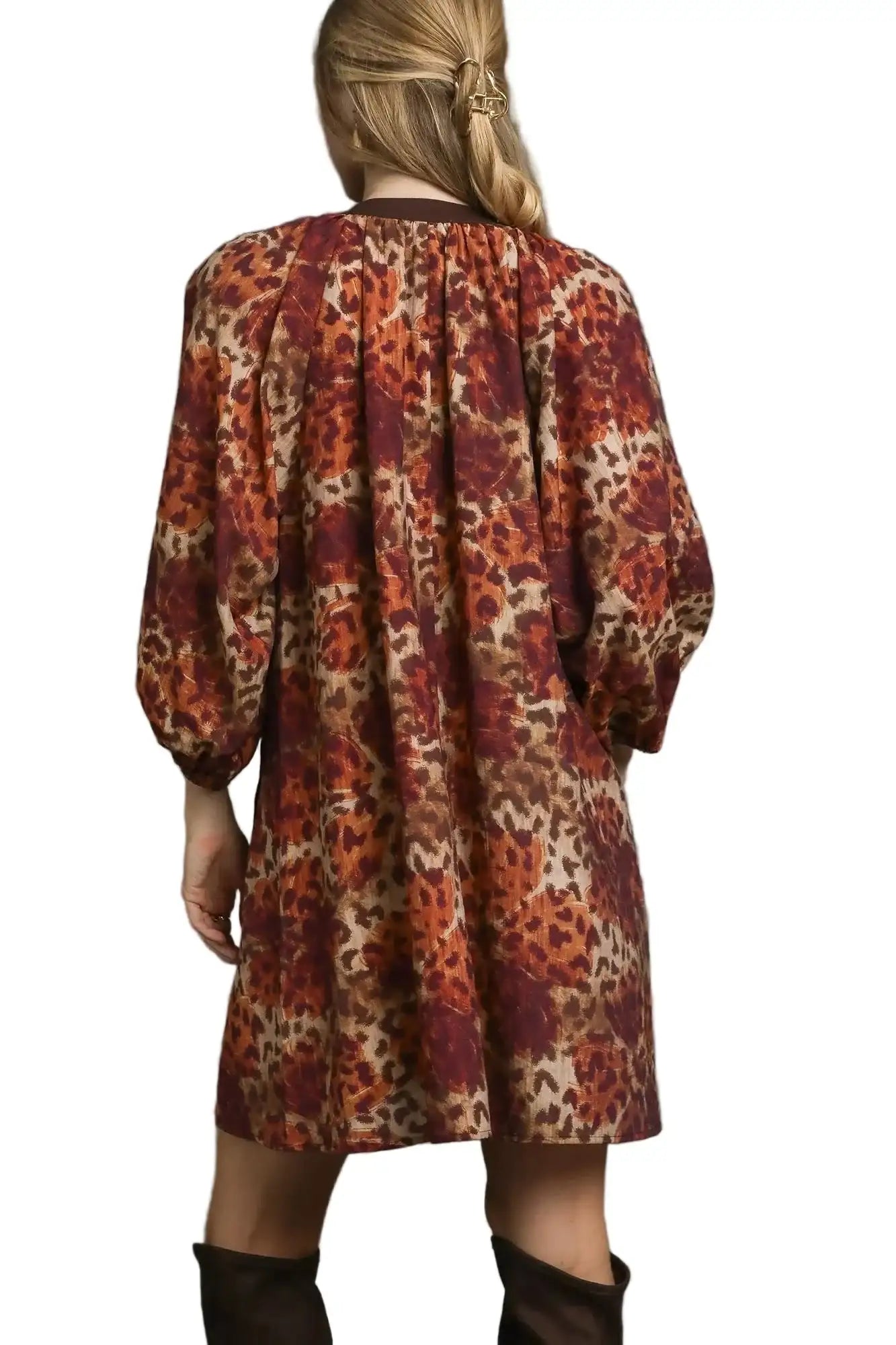 Umgee Animal Print Boho Tunic Dress with Contrast Trim Detail West2East Surf