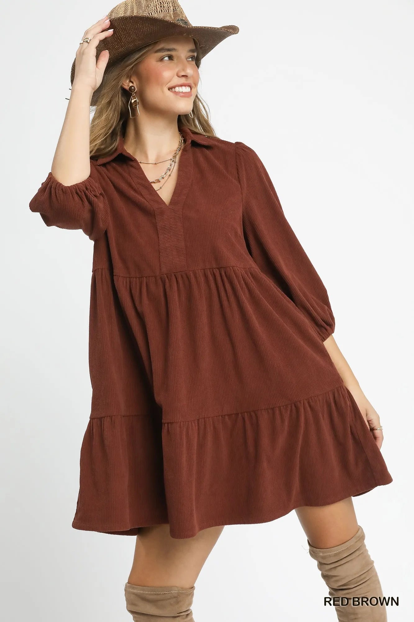Umgee Tiered Corduroy Mini Dress with Balloon Sleeves West2East Surf