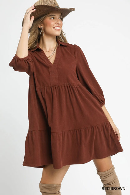 Umgee Tiered Corduroy Mini Dress with Balloon Sleeves West2East Surf