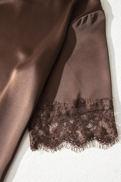 Asymmetric Lace Trim Short Sleeve Satin Top New Era Fashion LLc