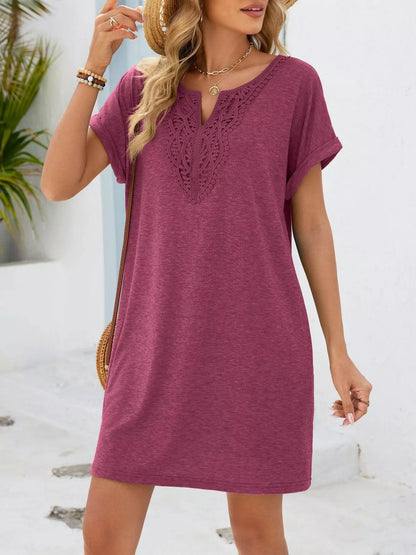 Lace Trim Notched Short Sleeve Dress New Era Fashion LLc