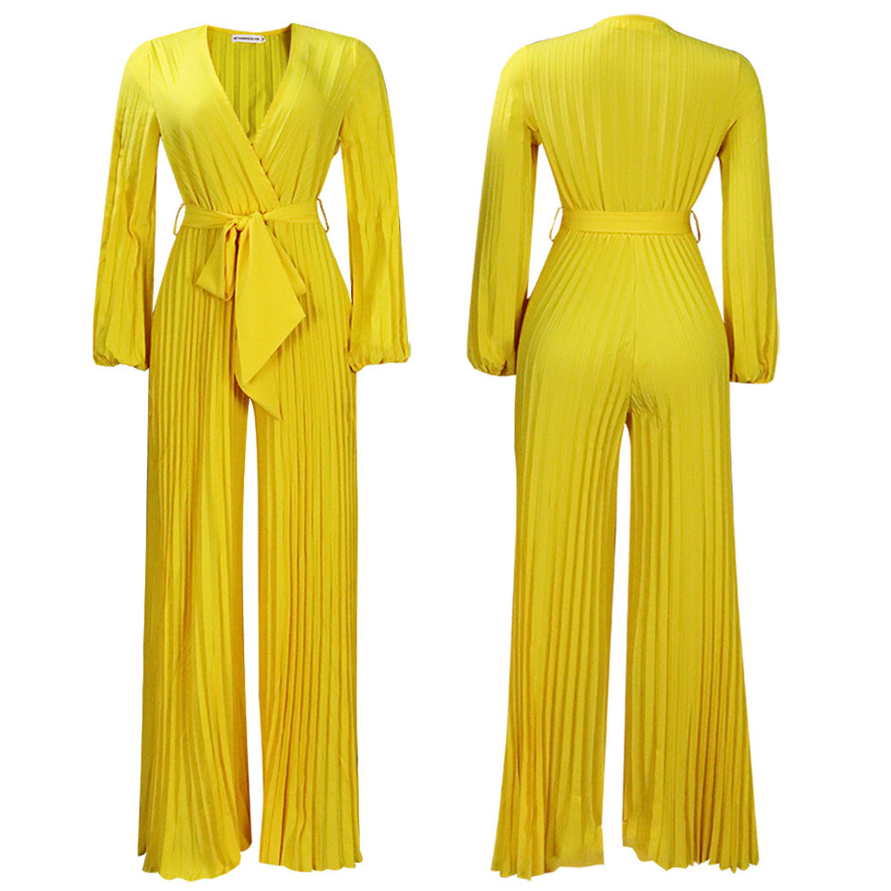 V-neck Lace Up Pleated Wide-leg Plus Size Jumpsuit See size chart under “more details” The Fashion Celestial
