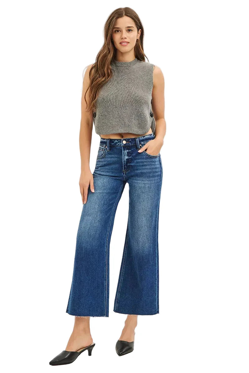 RISEN Full Size Mid Rise Crop Wide Raw Cut Hem Jeans Plus Size Garden Naked Curves
