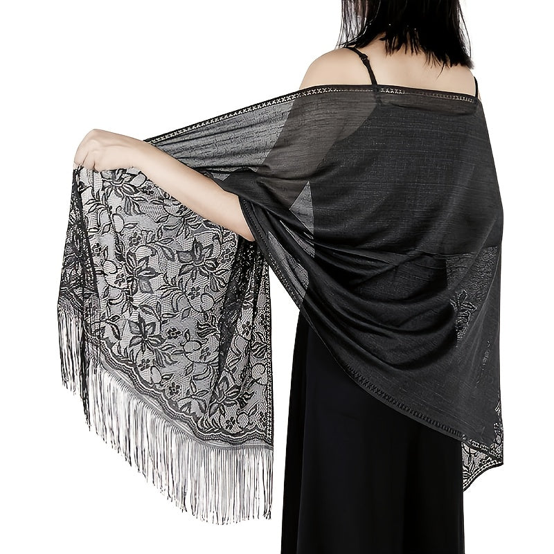 Women's Casual Shawl Wrap - Solid Color, Lightweight Polyester Knit - Going Out Essentials | Fringe Trim | Floral Lace Details NovaCart