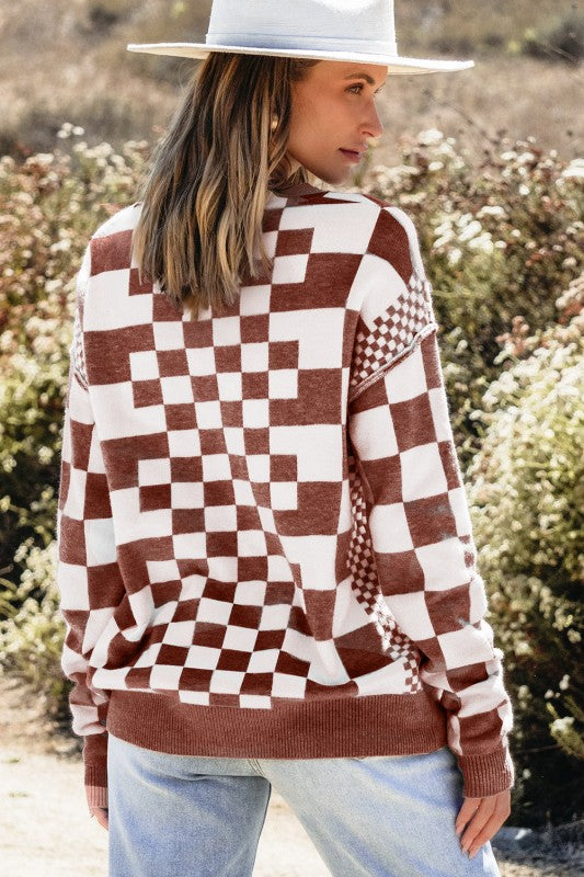 Checker Round Neck Drop Shoulder Sweater Shop Style & More | Fresh Looks, Everyday Deals & Free Shipping