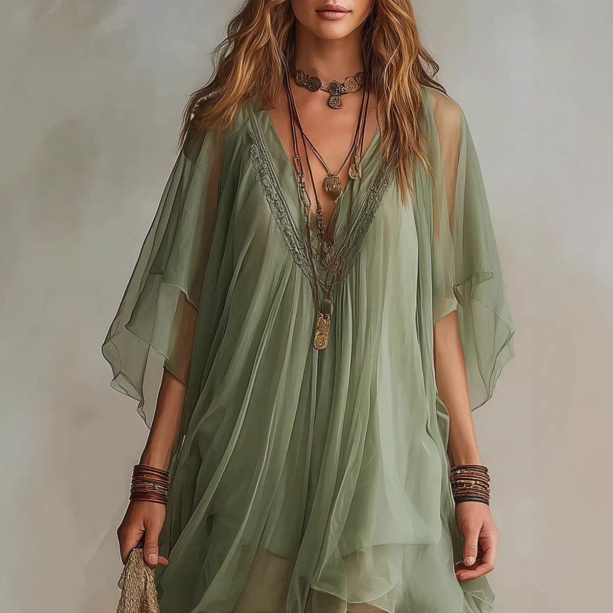 Women's V-Neck Chiffon Batwing Sleeve Boho Resort Dress FitiqueFit