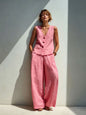 Linen Blend V-Neck Buttoned Vest & High-Waist Wide-Leg Pants Set – 5 Colors S–3XL FitiqueFit