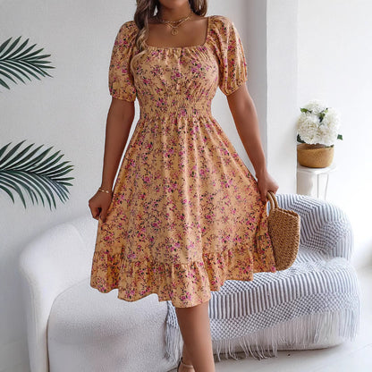 Floral Print Square Collar Dress Summer Fashion Ruffles Dresses Women's Clothing Grayceful LLC