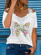 🦋 Vibrant Butterfly Lace Off-Shoulder V-Neck Tee FitiqueFit